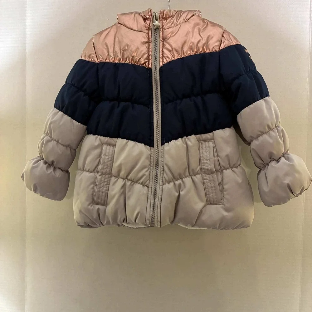 OshKosh B'gosh Puffer Jacket Toddler 3T Rose Gold Navy Tan Winter Coat